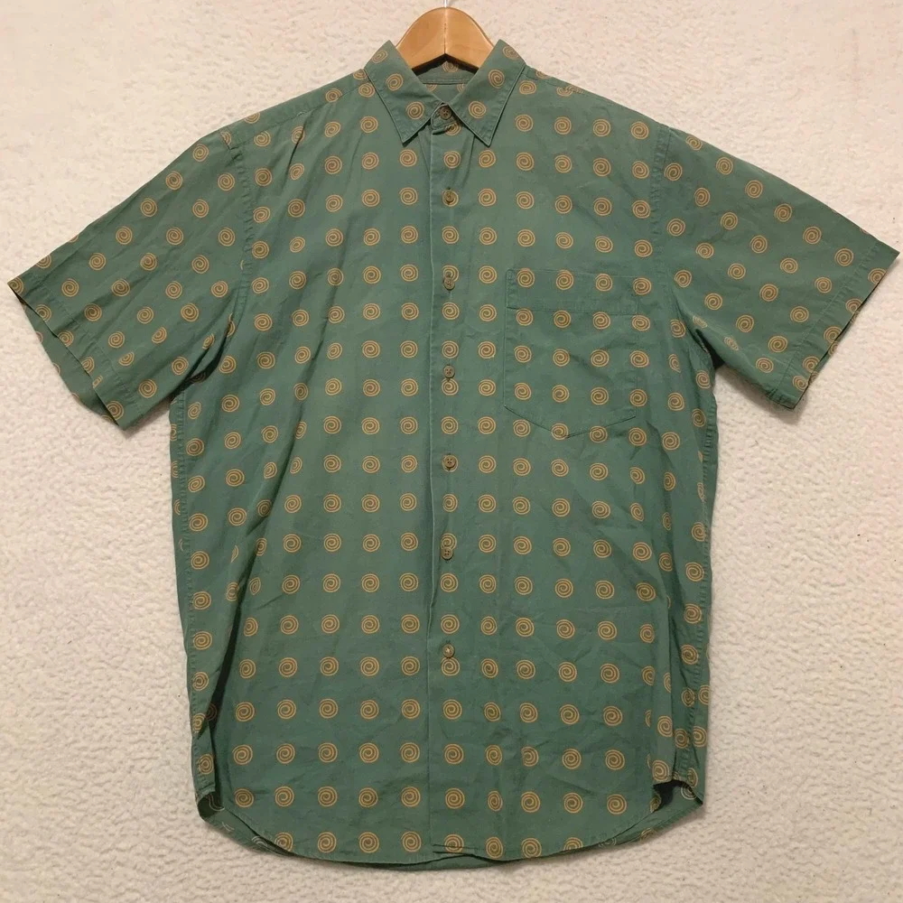 VTG 80s Banana Republic Safari Button Shirt Mens XS Spiral Print Cotton Green